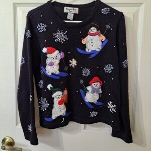 Reference Point Women's PS  Multicolor Pullover Sweater Snowman Embroidery Beads